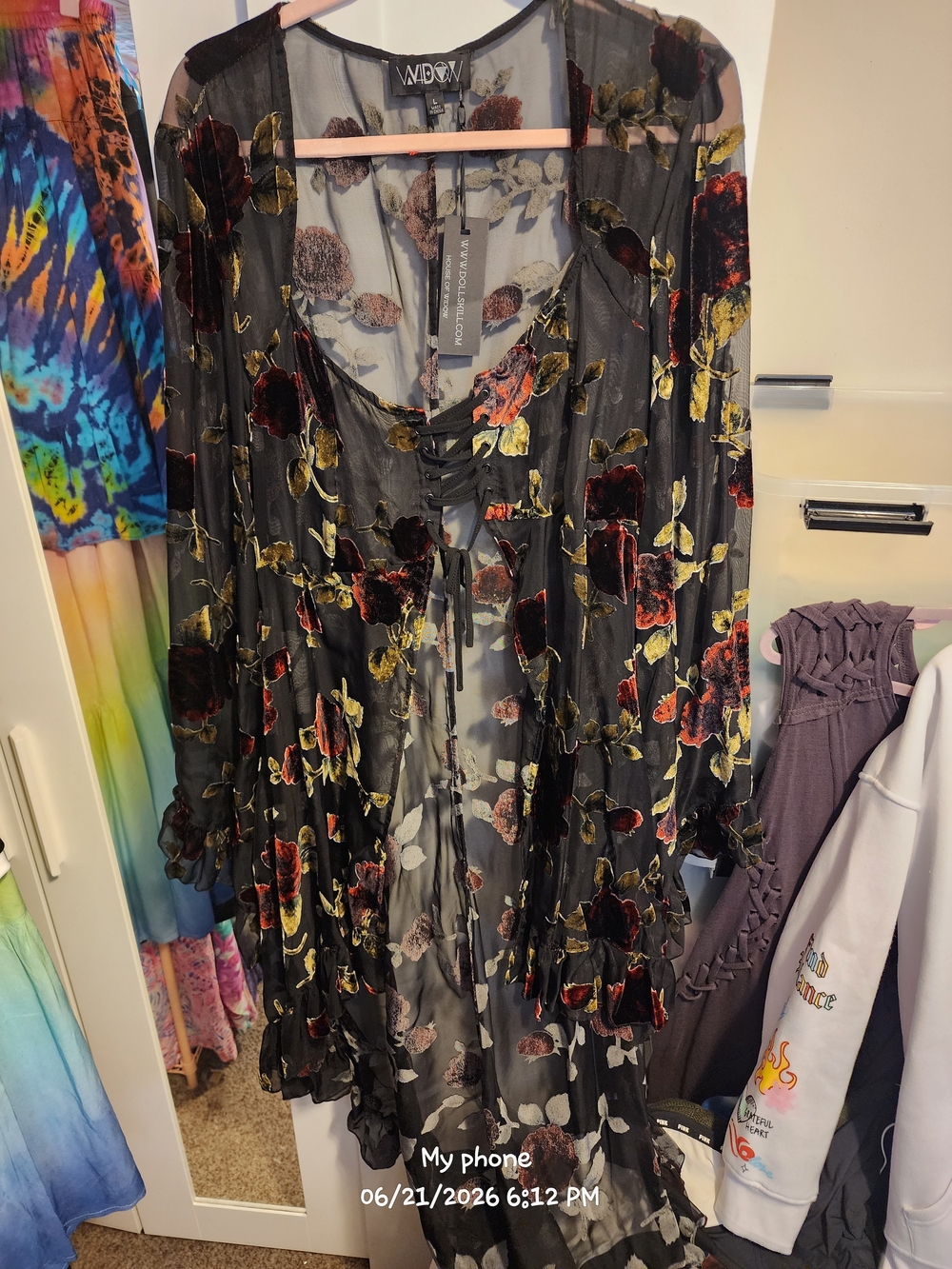 S. the Widow Black Sheer Floral Velvet Kimono Jacket with Red and Gold Accents